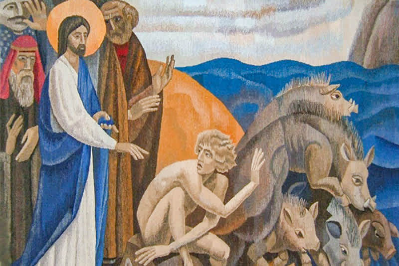 Ördögűzés vallásos festmény ortodox keresztény démonok szellemi csata exorcizmus rituálé szentek és gonosz lelkek harca