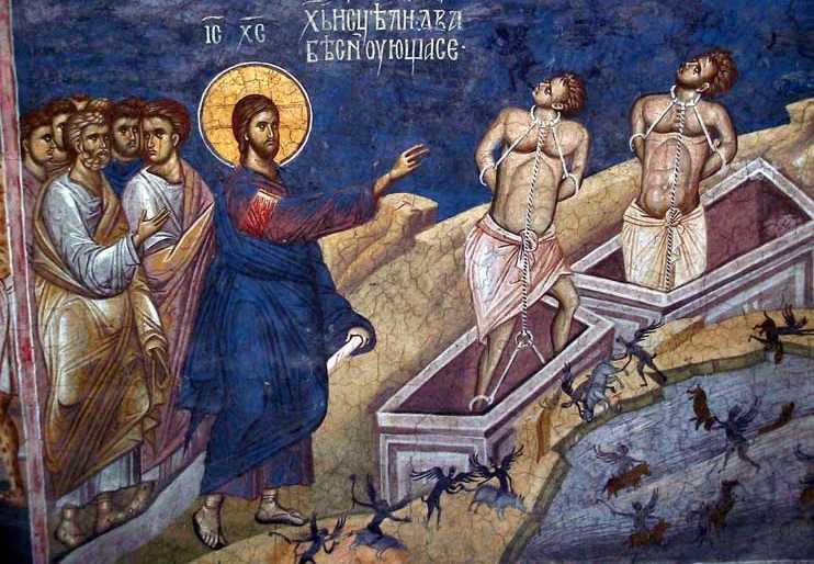 Ördögűzés vallásos művészet jó rossz harca szellemi csata démonűzés keresztény ortodox ikonok szentek gonosz lelkek