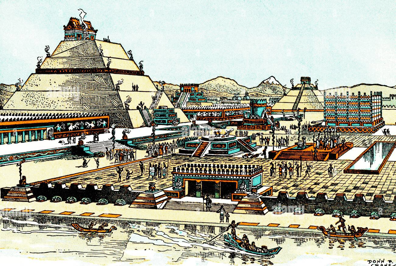 Tenochtitlan azték főváros rekonstrukció Texcoco-tó piramisok templomok víziutak mezoamerika civilizáció történelem