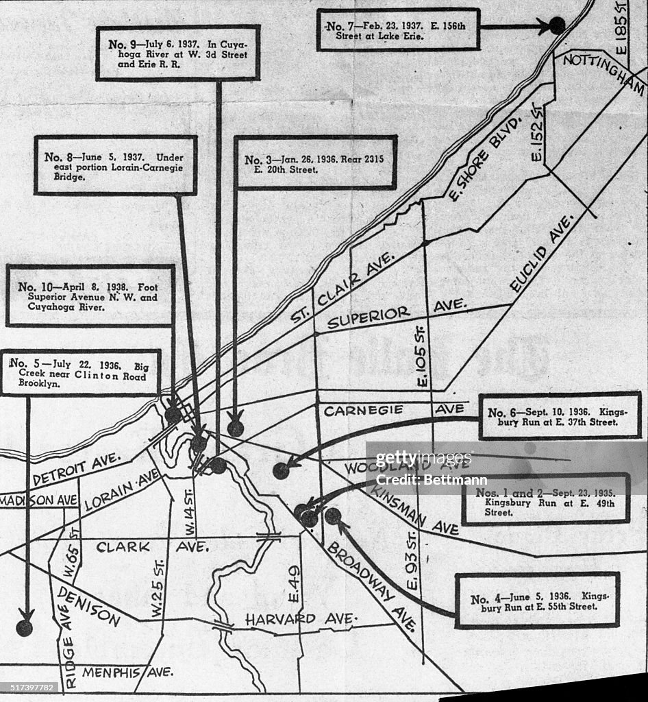 Térkép a Cleveland Torso-gyilkosságok 12 áldozatának lelőhelyeivel Kingsbury Run területén 1934-1938 között