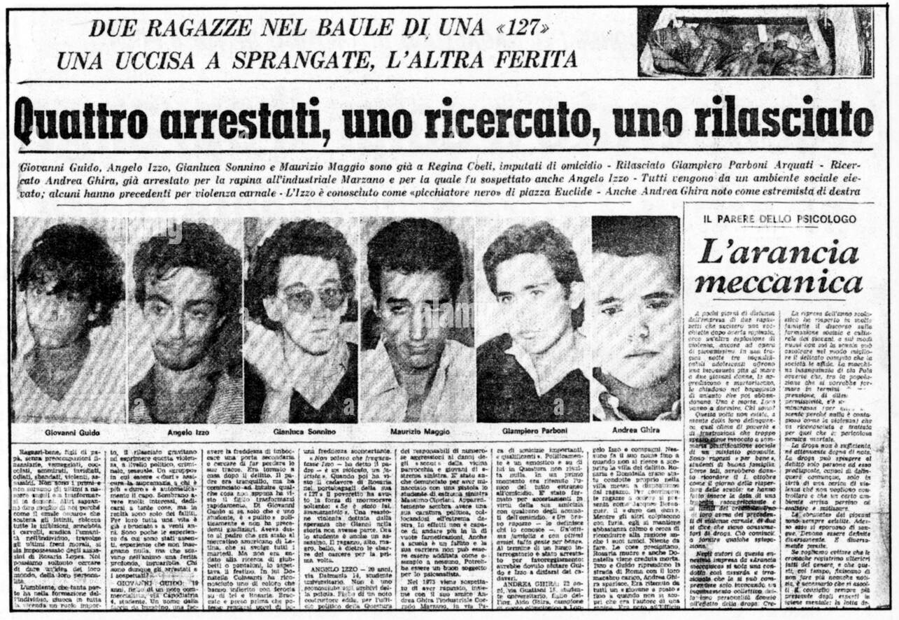 1975-ös olasz újságcikk Andrea Ghira, Angelo Izzo és Giovanni Guido letartóztatásáról