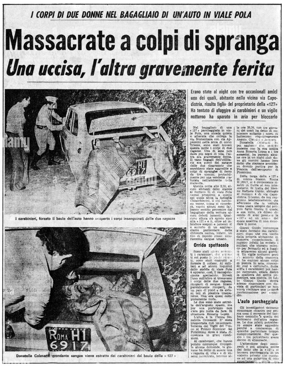 1975-ös olasz újságkivágás Donatella Colasanti megmentéséről a Fiat 127 csomagtartójából