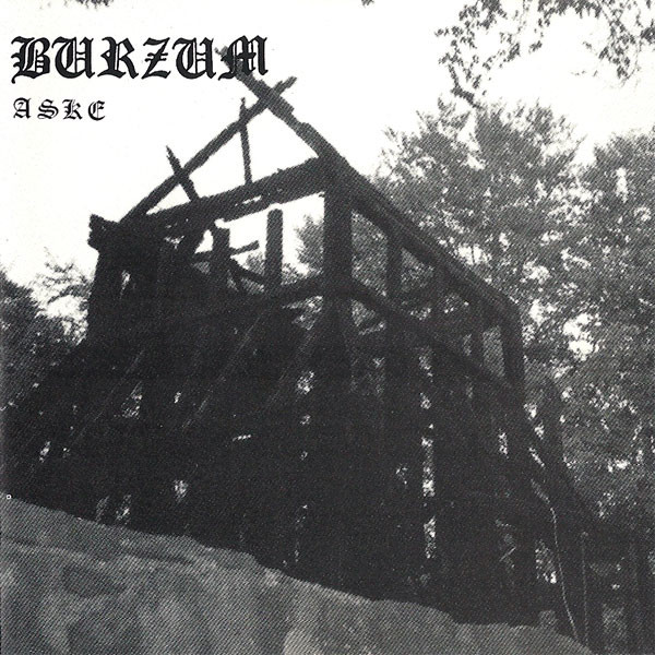 A Burzum Aske EP borítója az égő Fantoft fatemplom romjaival