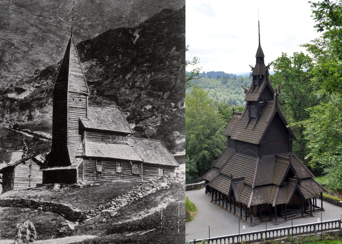 A 12. századi Fantoft fatemplom 1873-as fotóján és az újjáépített Fantoft fatemplom napjainkban